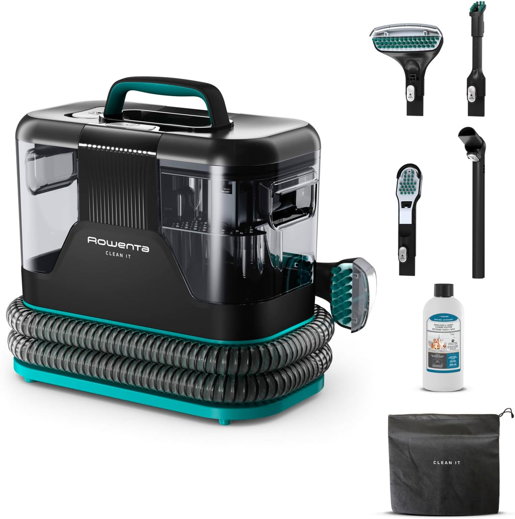Rowenta Clean It Fleckenreiniger, tragbarer Teppichreiniger, schnelle und einfache Reinigung, abnehmbarer 2.3-Liter-Tank, wechselbare Reinigungsköpfe, 750 Watt, Grün, Schwarz, IN5020F0