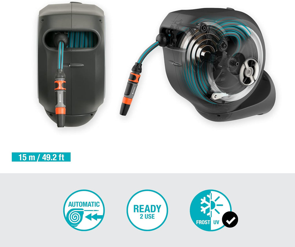 Gardena Wand-Schlauchbox RollUp S (weiß) 15 m: Flexible Bewässerung für kleine Gärten, schwenkbare Trommel, mit Wandhalterung, Systemteilen und Spritze, inkl. 15 m Gardena Schlauch (18602-20)
