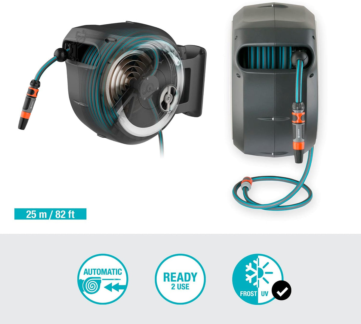 Gardena Wand-Schlauchbox RollUp M/L (weiß) 25 m: flexible Bewässerung für mittelgroße bis große Gärten, Schwenkbare Schlauchbox, inkl. 25 m Gardena Qualitätschlauch und Montagehilfe (18622-20)