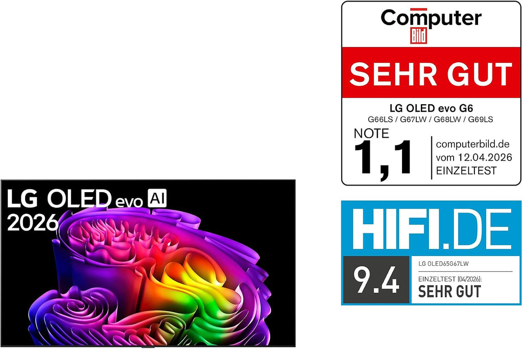 LG OLED65G67LW TV 65 Zoll, 4K OLED Evo AI, α11 Gen3 Prozessor, webOS 26, 120Hz, VRR bis zu 165Hz, Modelljahr 2026, Energieklasse E