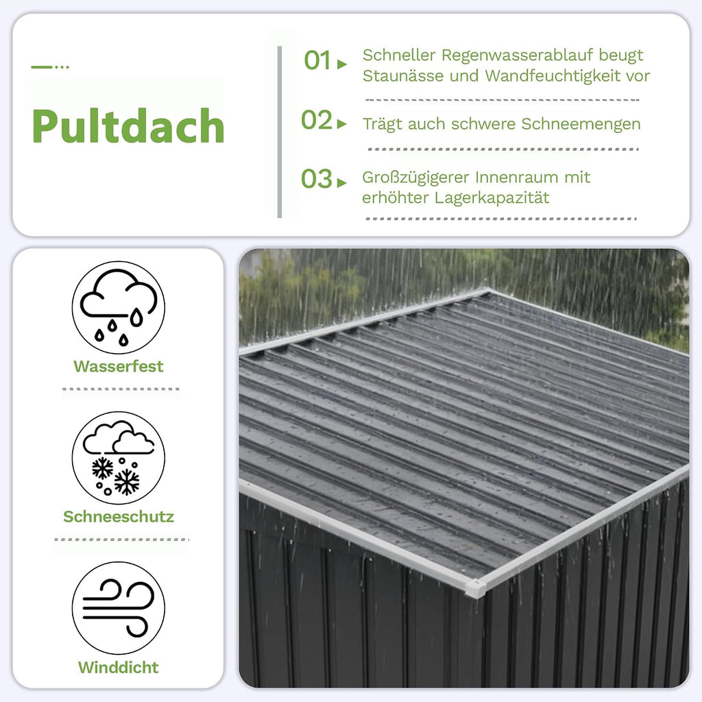 Devoko Metall Geräteschuppen 196x122x182cm mit Fundament, 4.2m³ Gerätehaus mit Oberlichte und Pultdach, Outdoor, Wetterfest, Fahrradschuppen, Gartenhaus für Terrasse, Rasen, Anthrazit
