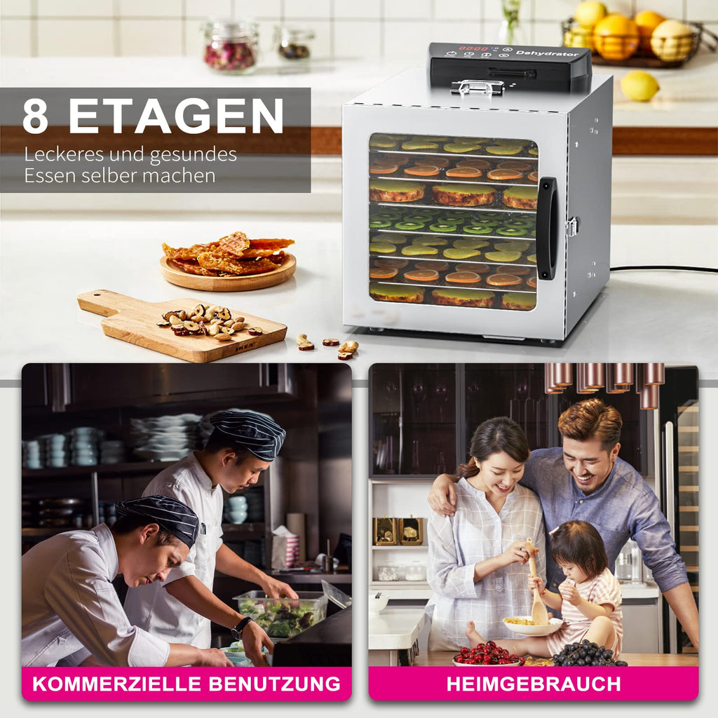 Lecon Dehydrator Stainless Steel Dehydrator Food 30-90°C, 24-Hour Timer Dehydrator for Food, Meat, Fruit, Vegetable Dryer, Fruit Dryer, Dehydrator with Apron, Sealed Tank (8 Levels)o