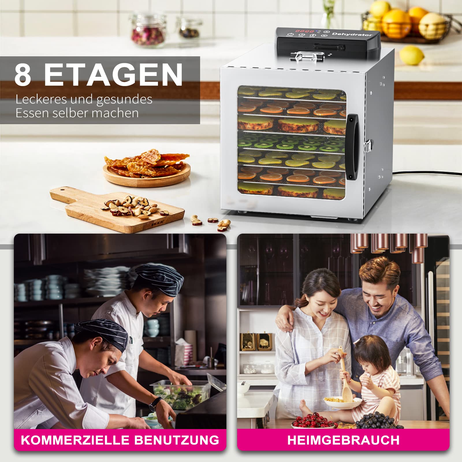 Lecon Dehydrator Stainless Steel Dehydrator Food 30-90°C, 24-Hour Timer Dehydrator for Food, Meat, Fruit, Vegetable Dryer, Fruit Dryer, Dehydrator with Apron, Sealed Tank (8 Levels)o