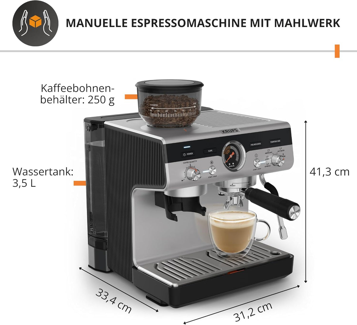 Krups Precision manuelle Siebträgermaschine mit Mahlwerk, Barista Kaffeemaschine mit intuitiver Bedienfläche, Pre-Infusion-Einstellungen, Espressomaschine mit Dampfdüse, schnelles Aufheizen, XP801T10