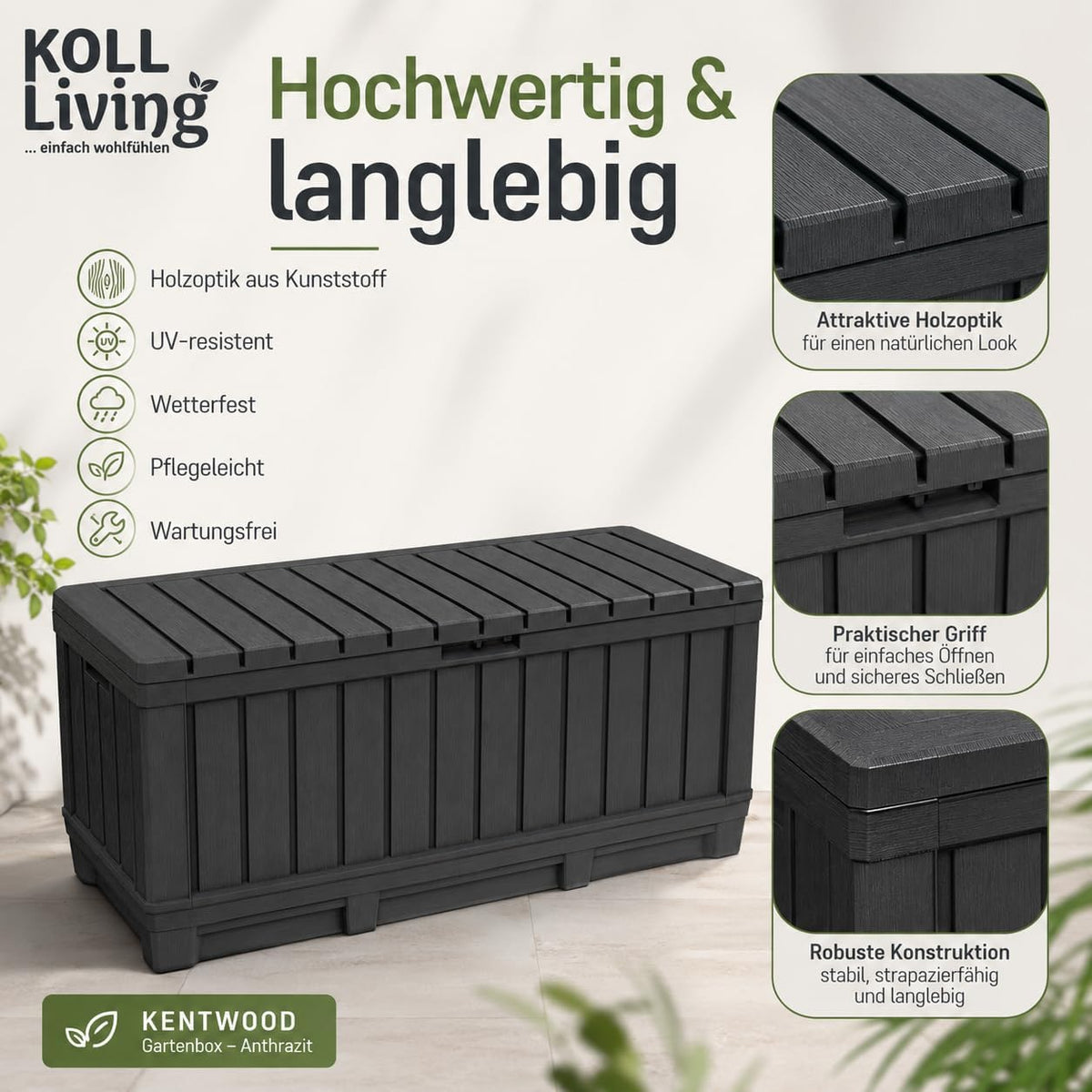 Koll Living Gartenbox Kentwood 350 Liter Stauraum anthrazit - kompakte Aufbewahrungsbox mit viel Platz für Sitzauflagen, Gartengeräte oder Kinderspielzeug - hält den Inhalt trocken & gut belüftet