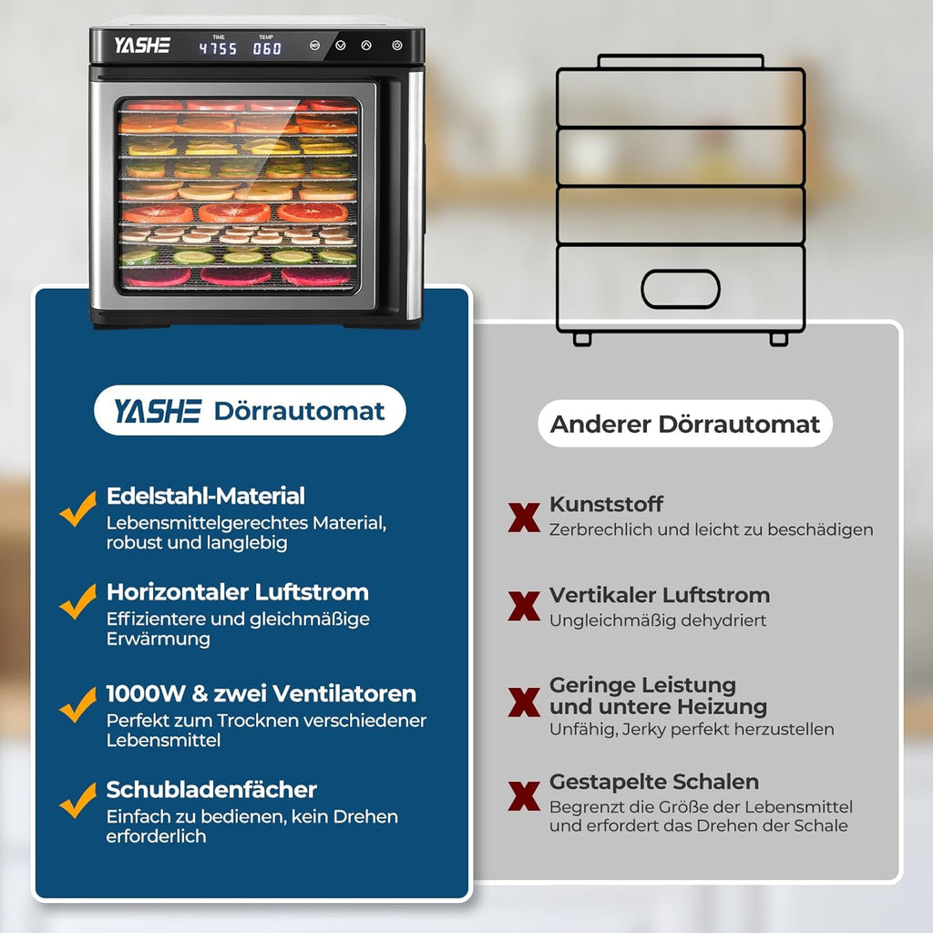 Edelstahl Dörrautomat, 1000W Dörrgerät für Obst und Gemüse mit LED-Anzeige, präziser Temperaturregelung (35-75°C), 48-Stunden-Timer, 9 Edelstahlschalen, 2 Maschensiebe, 1 Schale für Obstrolleno