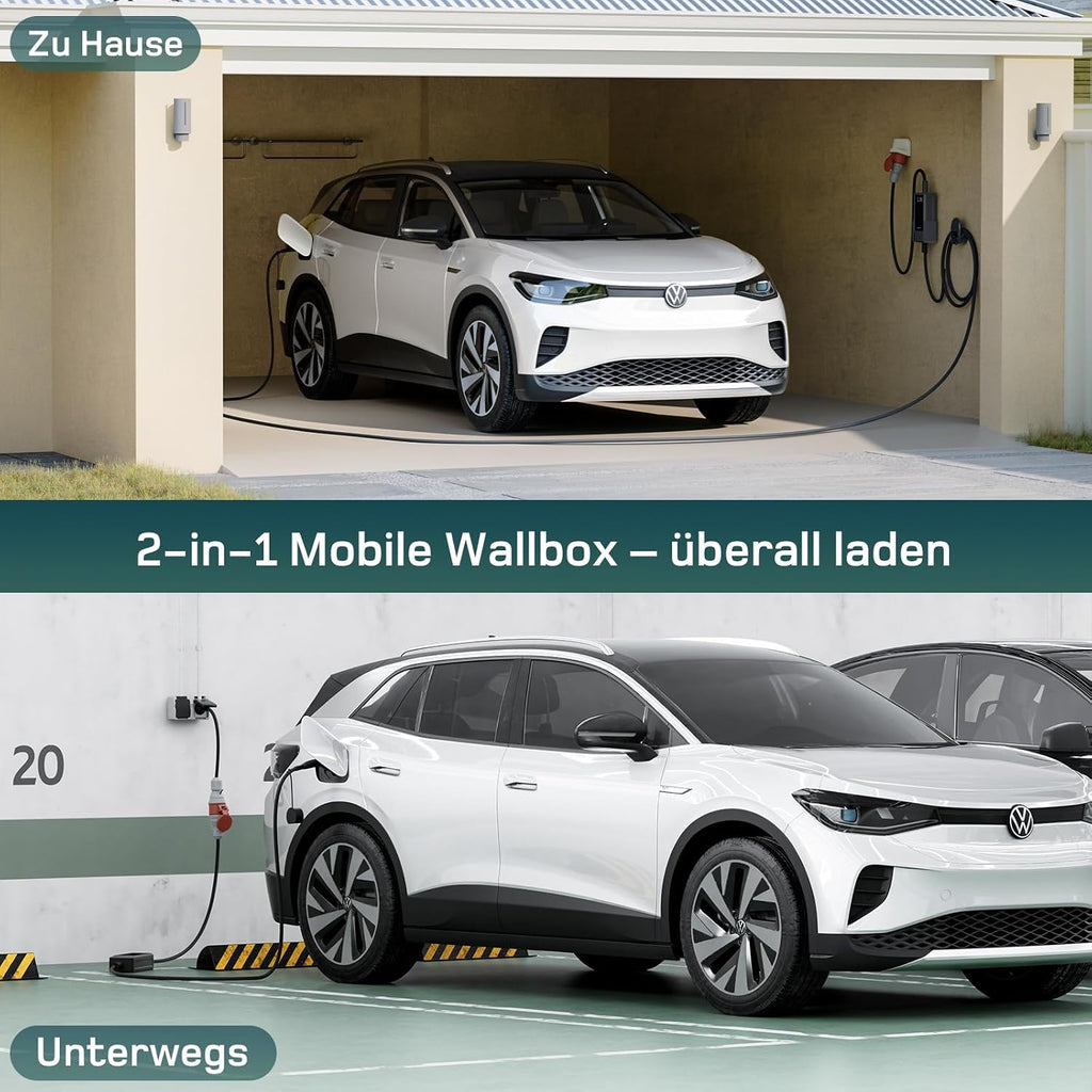 dé Mobile Wallbox 11 kW with App [7 m | 3-Phase | 6-16 A] | Charging cable e car CEE-16A 400V to type 2 with adjustable charging power, EV charger for BEV/PHEV