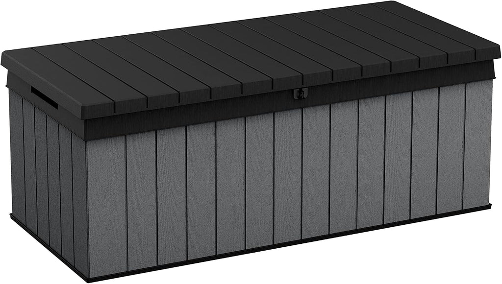 Keter Darwin Auflagenbox, Kissenbox, 380 l, Grau – Hydraulisches Kolbensystem mit Gasdruckfeder für Deckel, Abschließbar, Pflegeleicht, Holzoptik, Polsterbox