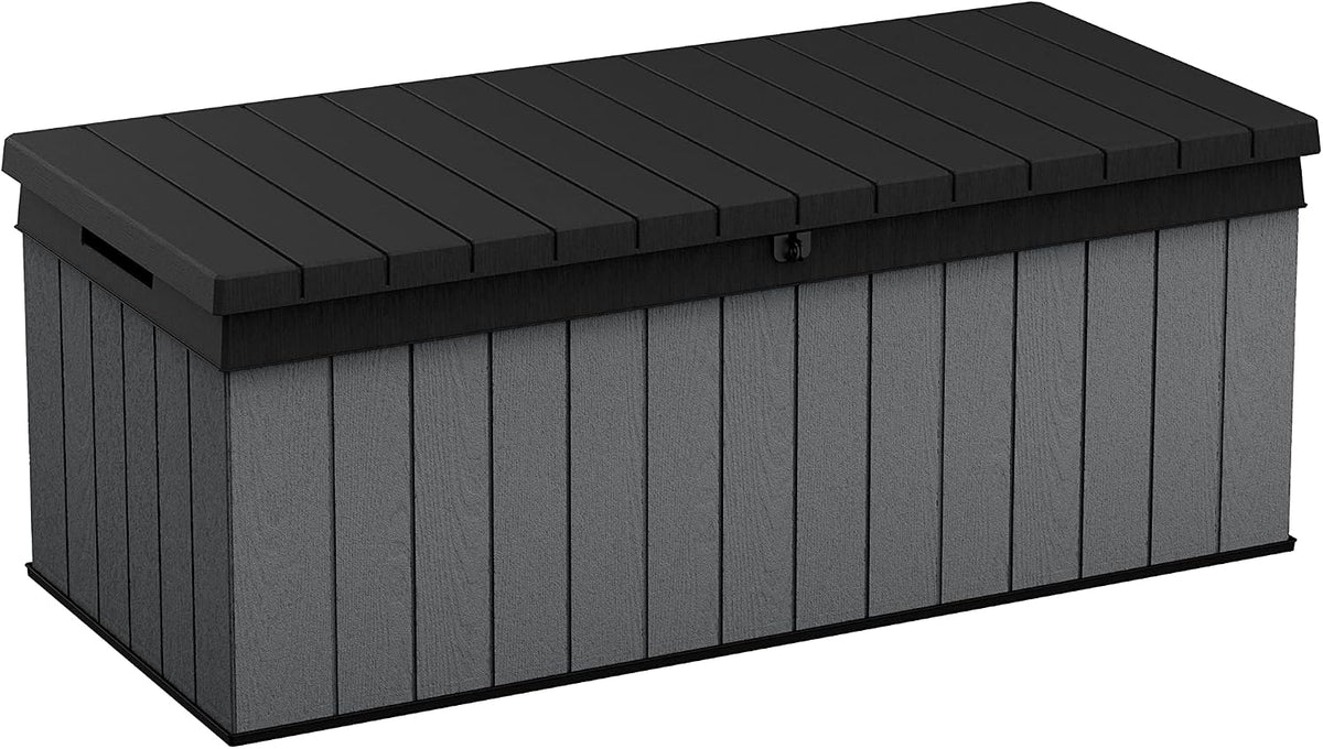 Keter Darwin Auflagenbox, Kissenbox, 380 l, Grau – Hydraulisches Kolbensystem mit Gasdruckfeder für Deckel, Abschließbar, Pflegeleicht, Holzoptik, Polsterbox