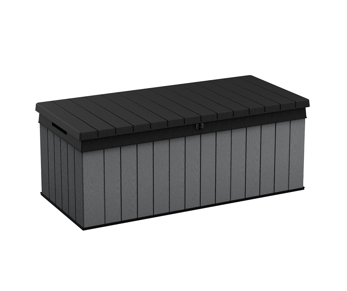 Keter Darwin Auflagenbox, Kissenbox, 380 l, Braun – Hydraulisches Kolbensystem mit Gasdruckfeder für Deckel, Abschließbar, Pflegeleicht, Holzoptik, Polsterbox