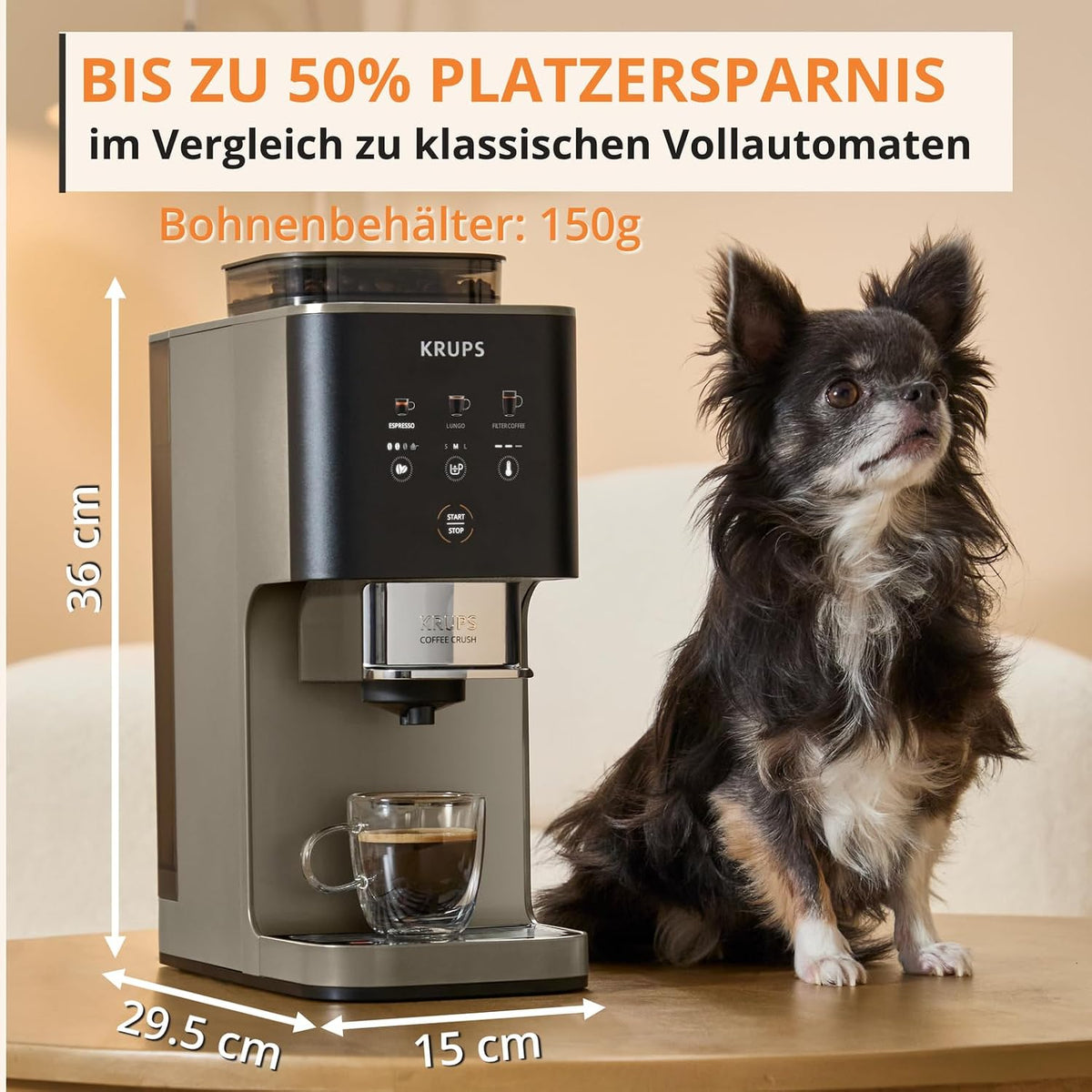 KRUPS Coffee Crush Extra Kaffeevollautomat, nur 15 cm breit, Beige