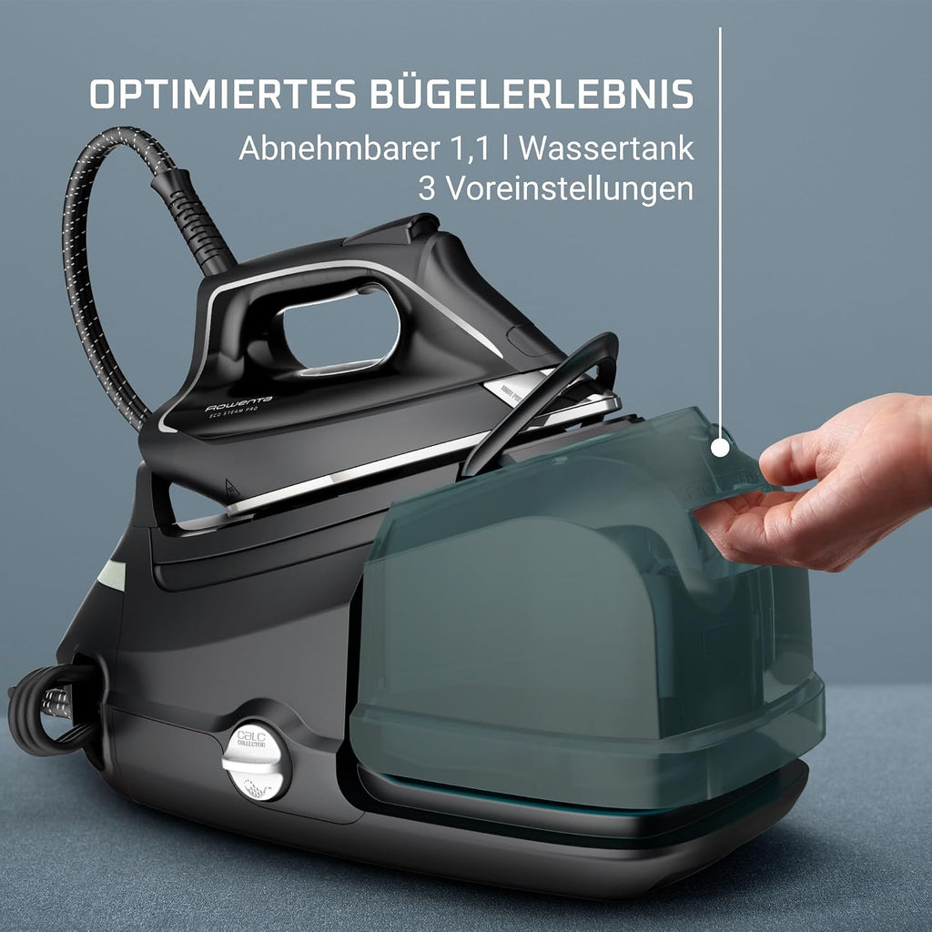 Rowenta DG9610 Eco Steam Pro Dampfbügelstation, 2800 Watt, 7,6 Bar, 140 g/Min. Dampfleistung, Dampfstoß: 460 g/Min., Eco Design, Silence-Technologie, 1,1 Liter Kapazität, Schwarz/Eukalyptus