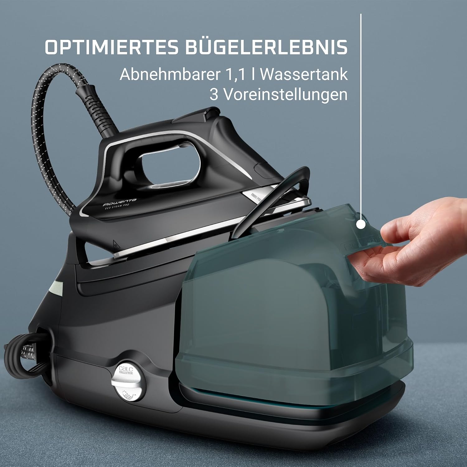 Rowenta DG9610 Eco Steam Pro Dampfbügelstation, 2800 Watt, 7,6 Bar, 140 g/Min. Dampfleistung, Dampfstoß: 460 g/Min., Eco Design, Silence-Technologie, 1,1 Liter Kapazität, Schwarz/Eukalyptus