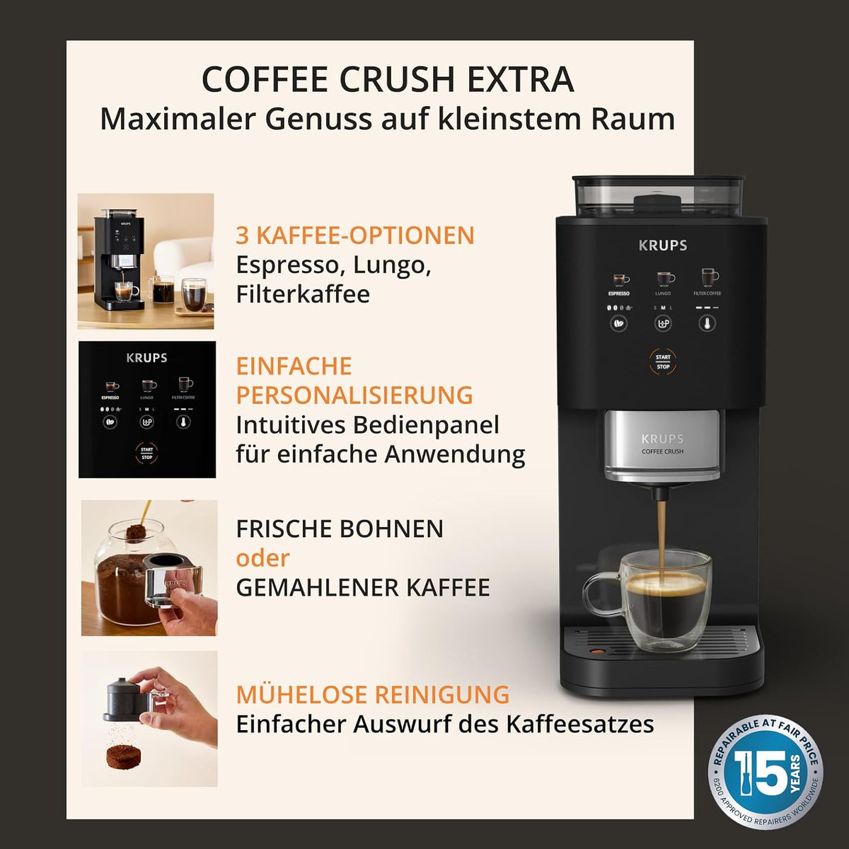 KRUPS Coffee Crush Extra Kaffeevollautomat, nur 15 cm breit, Schwarz
