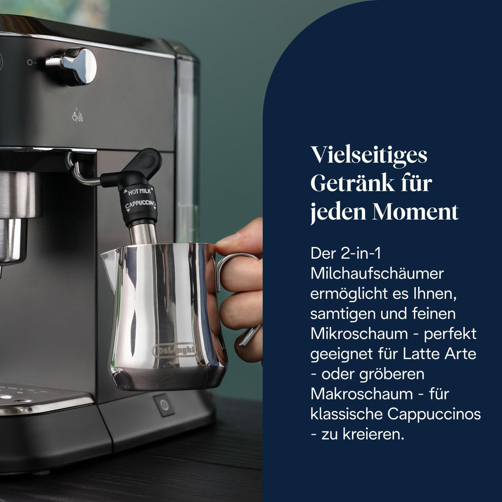 De'Longhi Dedica Style EC 685.BK Espresso Filter Holder Espresso Machine with Professional Milk Foam Nozzle 15 cm Wide 1 Litre Water Tank Full Metal Casing E.S.E Pads Black