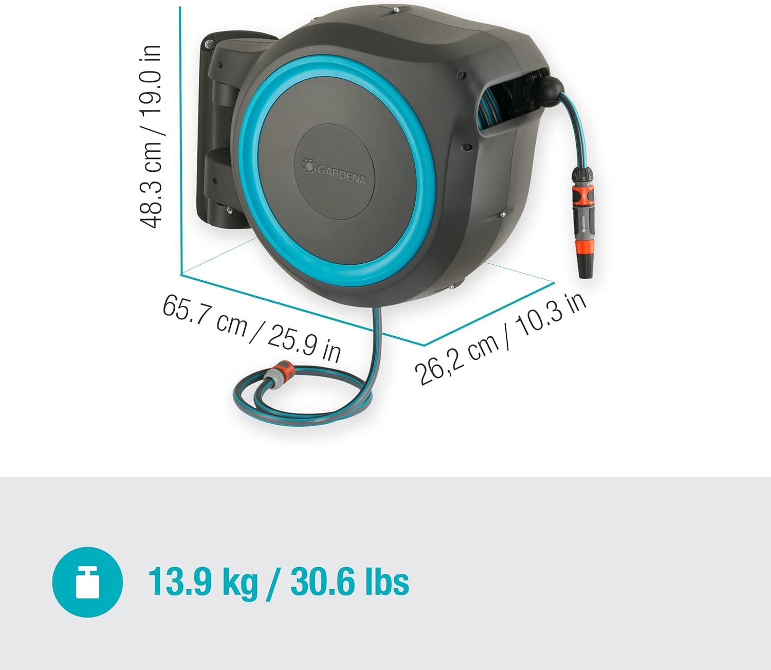 Gardena Wand-Schlauchbox Rollup XL (türkis) 35 m: flexible Bewässerung für große Gärten, Schwenkbare Schlauchbox, inkl. 35 m Gardena Qualitätsschlauch und Montagehilfe (18630-20), Black