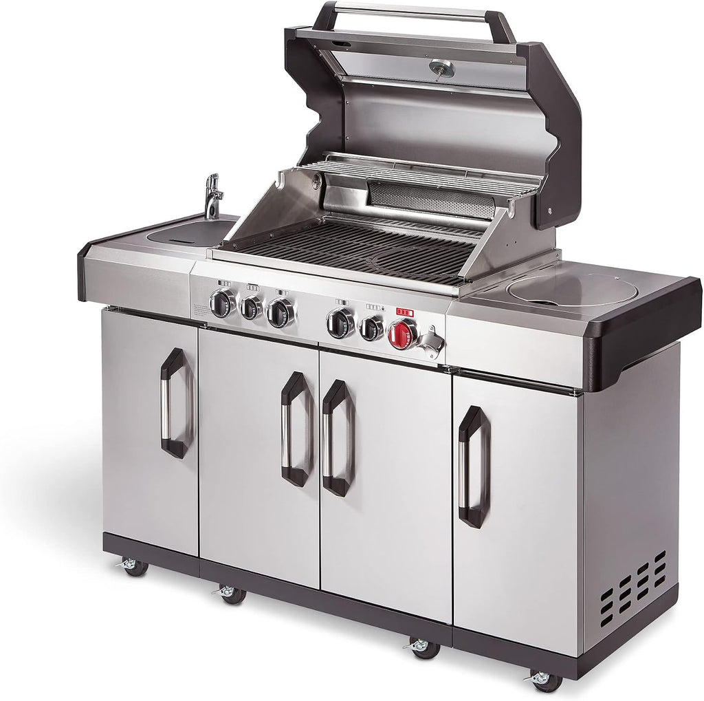 Enders Gasgrill Kansas II Pro 4 SIK Profi Turbo, 4 Brenner mit doppelwandiger Garhaube und Switch Grid - mit Turbo Zone (800 °C)-Gas Grill mit Backburner & Infrarotbrenner, Silber