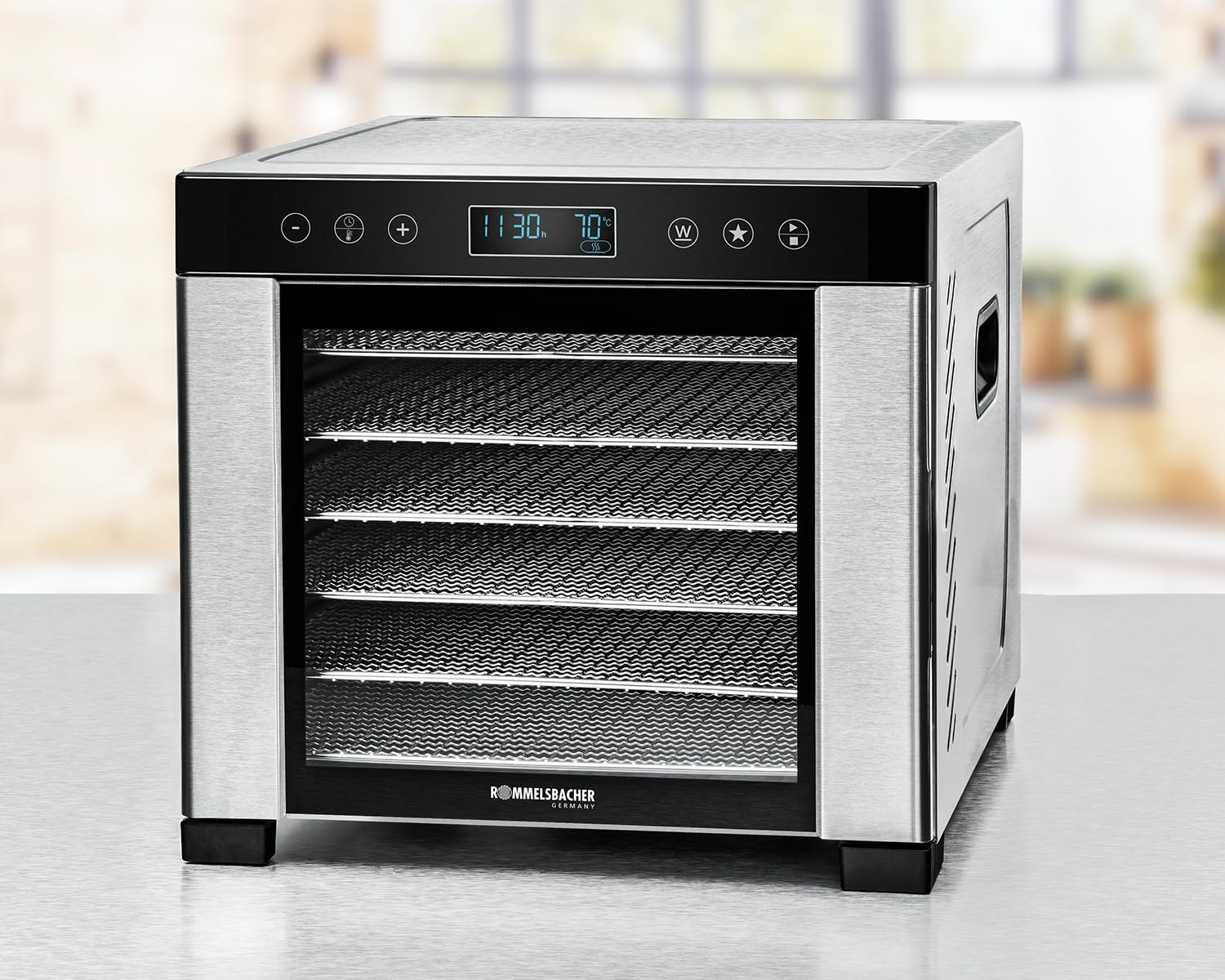 ROMMELSBACHER Dörrautomat DA 1000, XXL-Dörrfläche 1,6 m², inkl. 10 Edelstahl-Dörrtabletts, 2 Dörrgitter, 2 Dörrmatten, LED-Display, 24 Std. Zeitschaltuhr, Temperatur einstellbar (35 °C – 75 °C)o