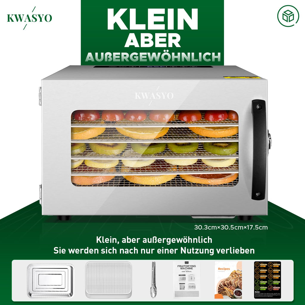 Kwasyo Dörrautomat Edelstahl DA 1000, XXL-Dörrfläche 1,8 m², Dörrgerät Temperatur einstellbar 30-90℃, LED-Display, 24 Std, BPA-frei, mit Rezeptheft, 10 Edelstahl-Dörrtablettso
