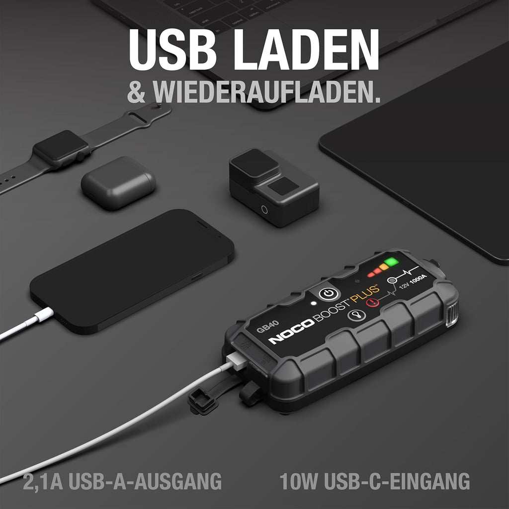 NOCO GB40 Starthilfe Powerbank 1000A – 12V, IP65, 20 Starts, LED, USB-C, Pkw/Motorrad/Boot, 1,1kg