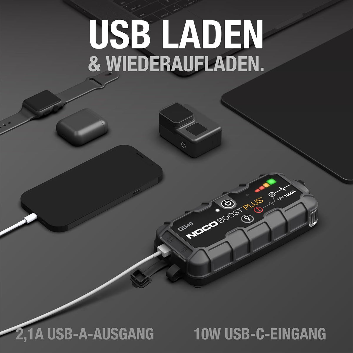 NOCO GB40 Starthilfe Powerbank 1000A – 12V, IP65, 20 Starts, LED, USB-C, Pkw/Motorrad/Boot, 1,1kg