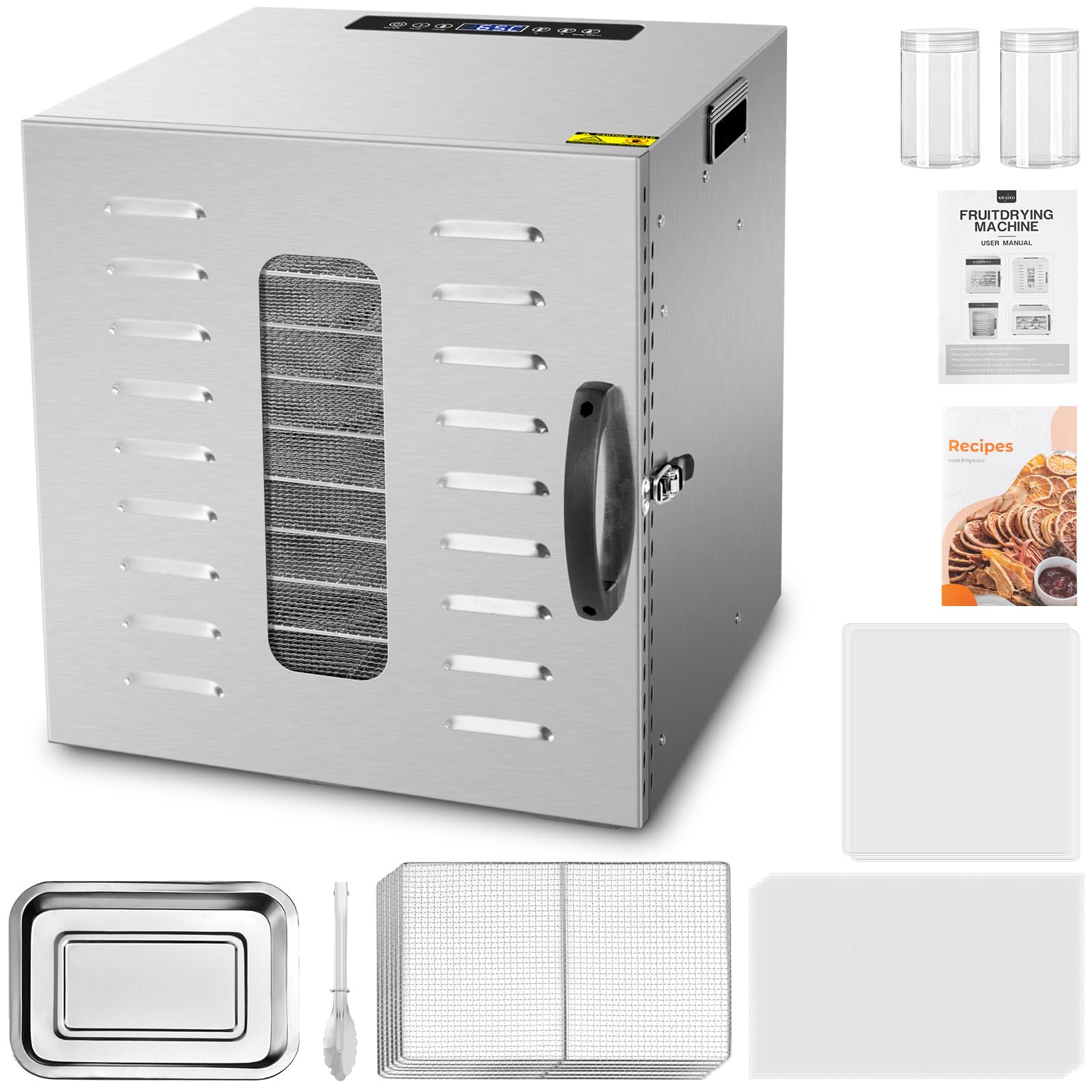 Kwasyo Dörrautomat Edelstahl DA 1000, XXL-Dörrfläche 1,8 m², Dörrgerät Temperatur einstellbar 30-90℃, LED-Display, 24 Std, BPA-frei, mit Rezeptheft, 10 Edelstahl-Dörrtablettso