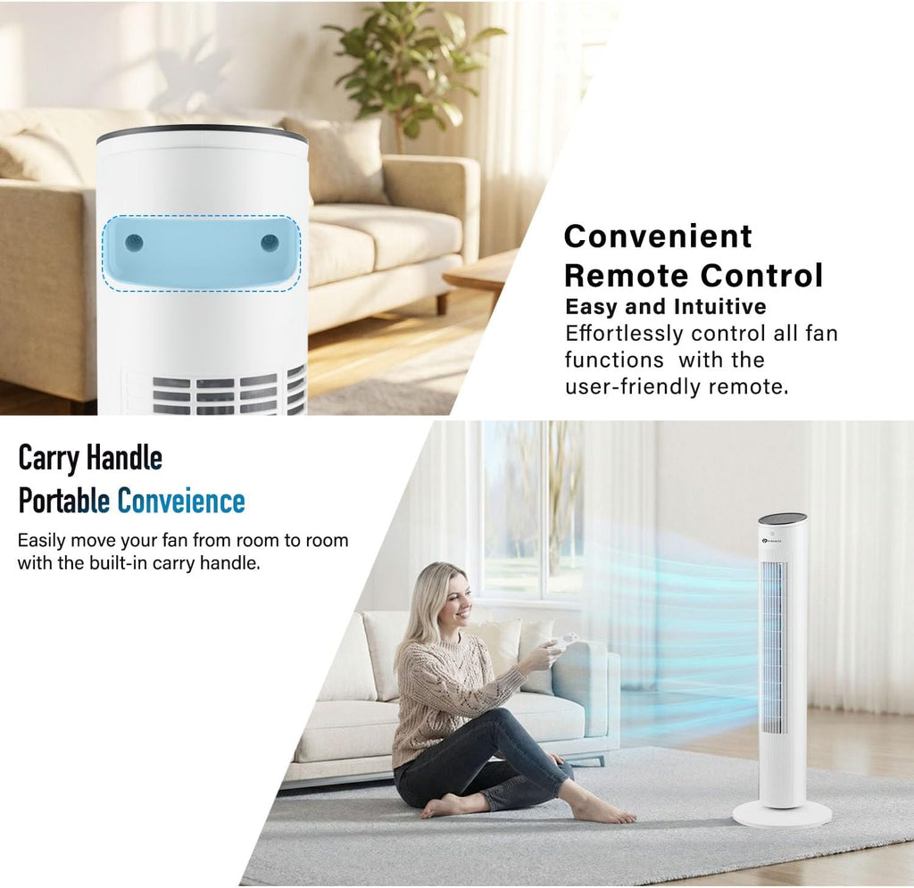 PureMate 43-inch Tower Fan with Remote control, Oscillating Silent Bladeless Floor Fan, 3 Speeds, 7-Hour Timer, Powerful 40W Electric Standing Fan, Portable Quiet & Ideal for Bedroom, White