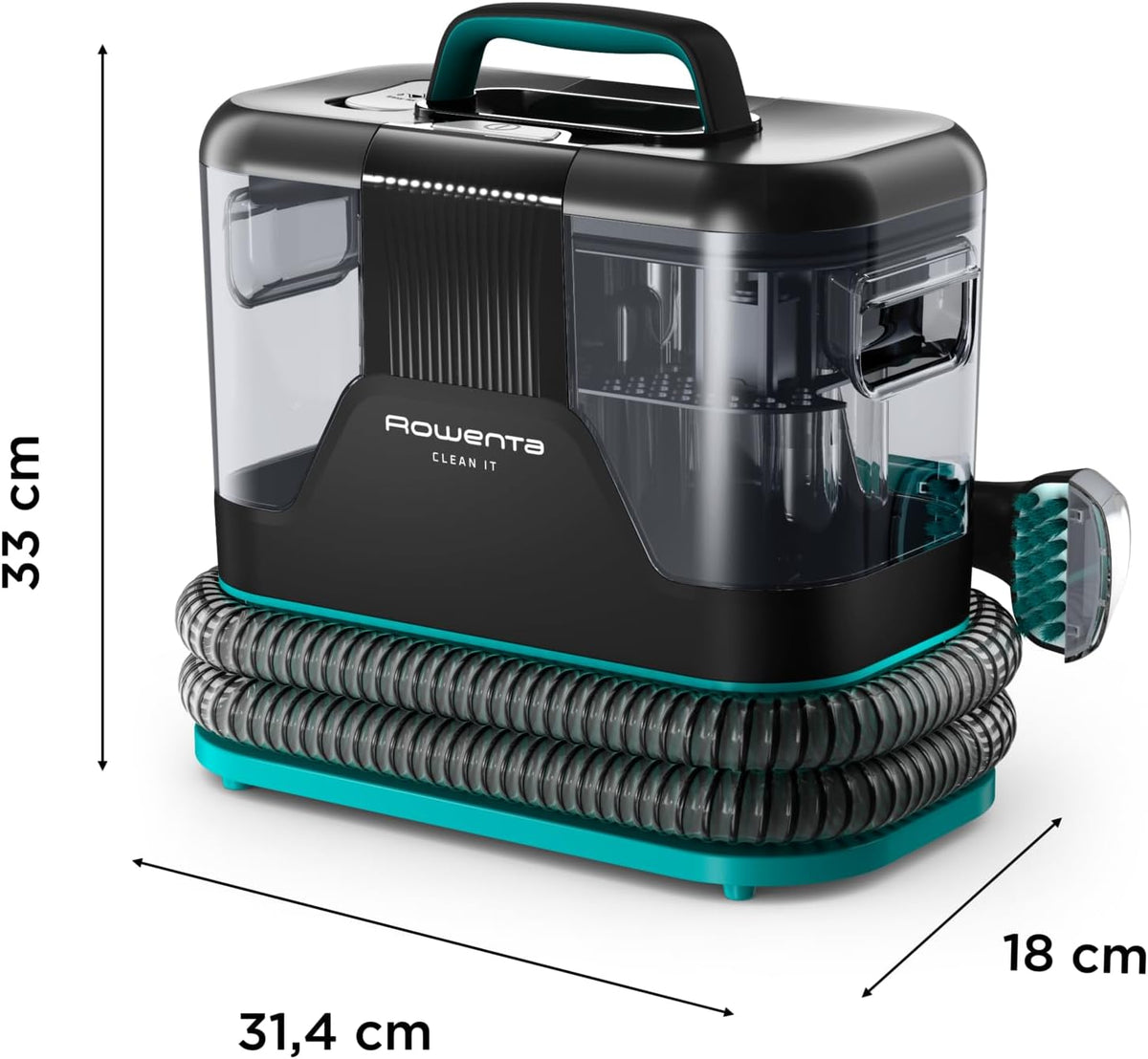 Rowenta Clean It Fleckenreiniger, tragbarer Teppichreiniger, schnelle und einfache Reinigung, abnehmbarer 2.3-Liter-Tank, wechselbare Reinigungsköpfe, 750 Watt, Grün, Schwarz, IN5020F0
