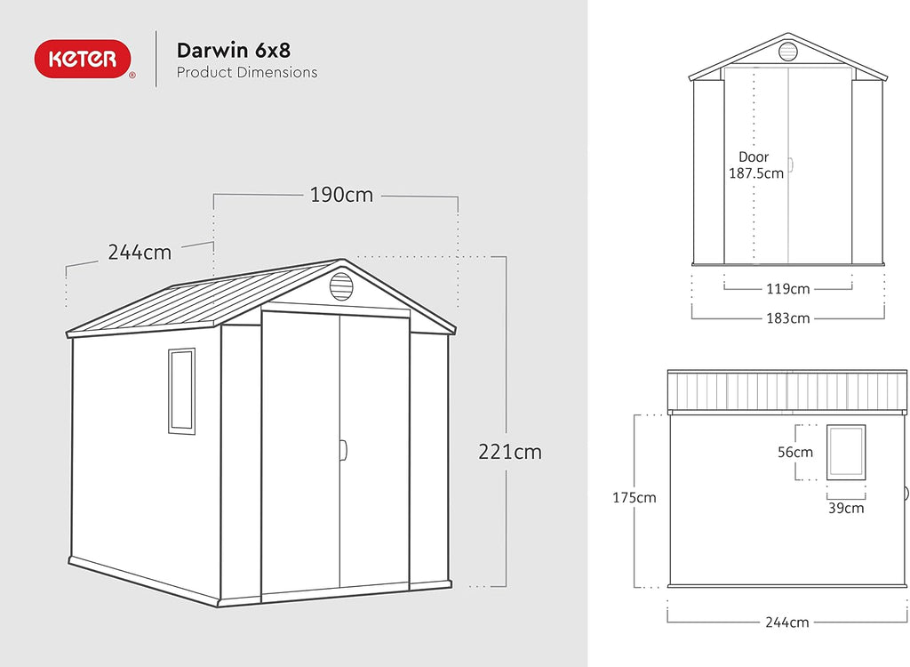Keter Gerätehaus Darwin 6x8, Grau, Außenmaße 190x244x221cm, wartungsfrei, wetterfest, wasserdicht, mit Unterboden