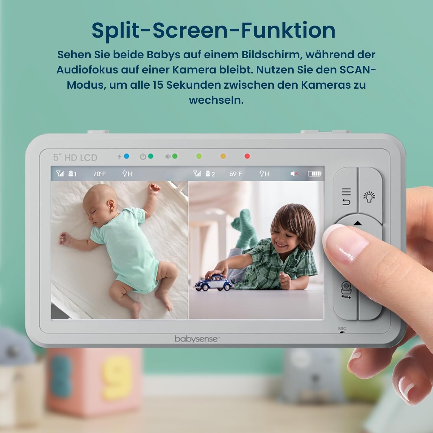 Babysense Baby Monitor HD 5 Inch with 2 Cameras, Video Baby Monitor without WiFi, Night Light, Lullabies, 300 m Range, Two-Way Audio, 4x Zoom, 4000 mAh Battery