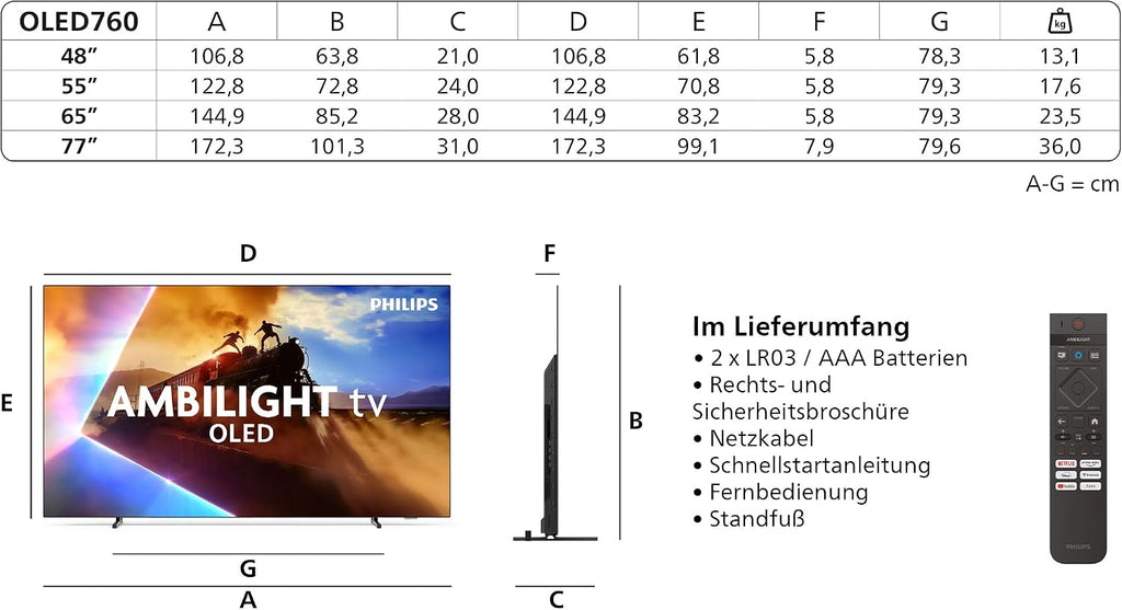 PHILIPS Ambilight 48OLED760 4K OLED Smart TV - 48 Zoll Display mit P5 AI Perfect Picture Engine Ultra HD, Titan OS, Dolby Vision und Atmos Sound - Funktioniert mit Alexa und Google Sprachassistent