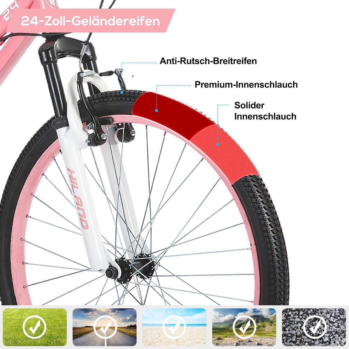 HILAND Climber 24 Zoll Kinderfahrrad, Kinder Mountainbike für Jungen Mädchen mit Federgabel 7 Gang, Kinder MTB mit V-Bremsen, Schwarz/Blau/Mintgrün/Rosa