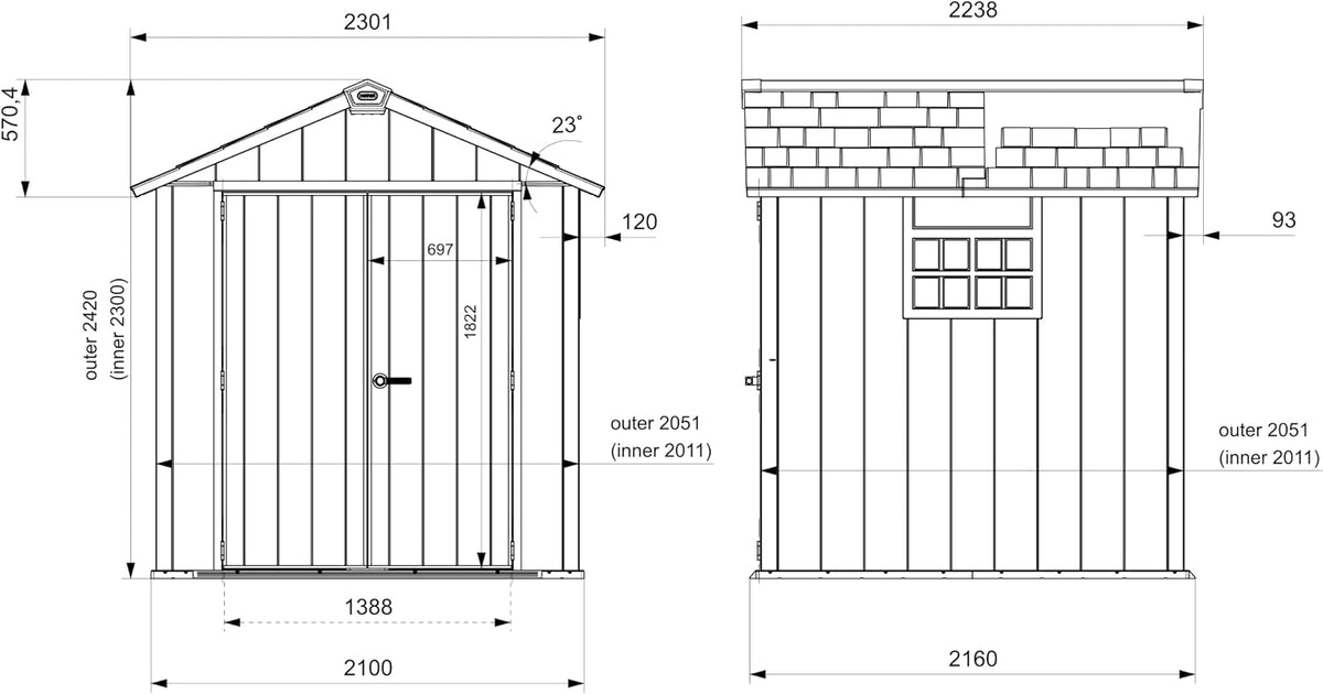 Keter Gerätehaus Oakland 757, Grau, 8,4m³, Außenmaße B/T/H: 230 x 223,8 x 242 cm, Duotech Struktur, wetterfest, Doppeltür, Oberlicht und Fenster, strapazierfähiger Schwerlastboden