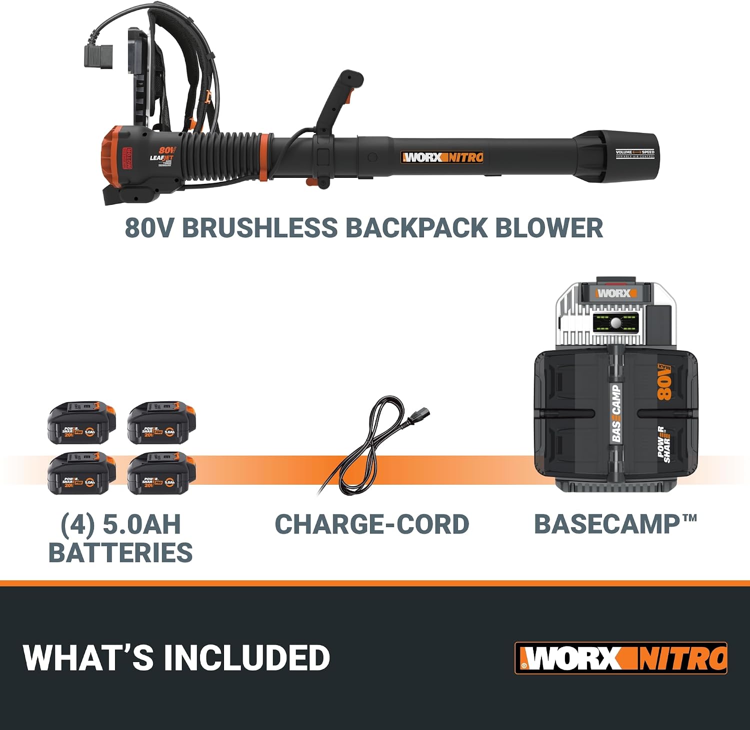 WORX Nitro 80V Akku-Laubbläser, 800 CFM 150 MPH, bürstenloser Rucksack, elektrischer Laubbläser WG572, Turbinenventilator, Variable Luftregelung, 4 PowerShare-Akkus, Basecamp-Ladegerät inklusive