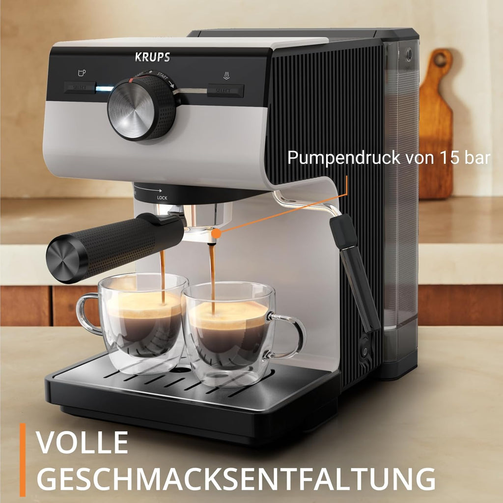 Krups Authentic Espresso-Siebträgermaschine, 15 bar, intuitive Bedienung, raffiniertes Design, integrierte Dampfdüse, 2 L-Wassertank, inkl. Zubehör, Grey/Creme, XP381B10