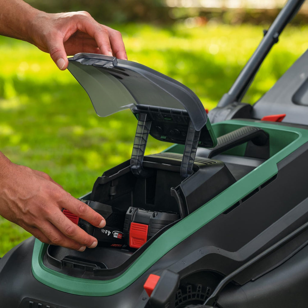 Bosch Akku-Rasenmäher ROTAK18V2-43 (Schnittbreite: 43 cm, Schnitthöhe: 30-75 mm, 50 l Stoff-Grasfangkorb, Mulchstopfen, ohne Akku)