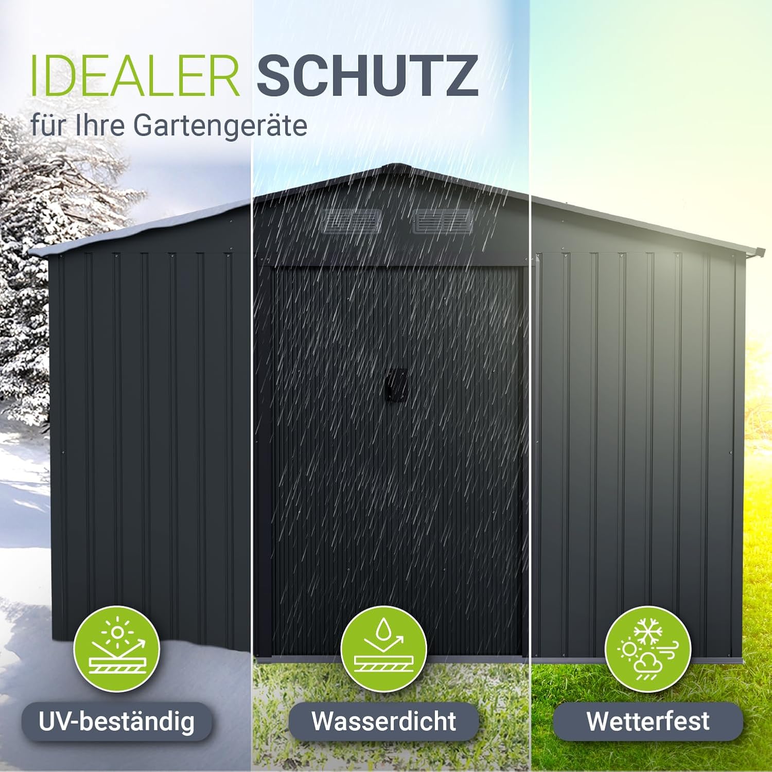 Juskys Geräteschuppen Metall XL – Gartenhaus & Gerätehaus mit Schiebetür, Fundamentrahmen & Schloss, wetterfester Gartenschrank zur Aufbewahrung – Dunkelgrau