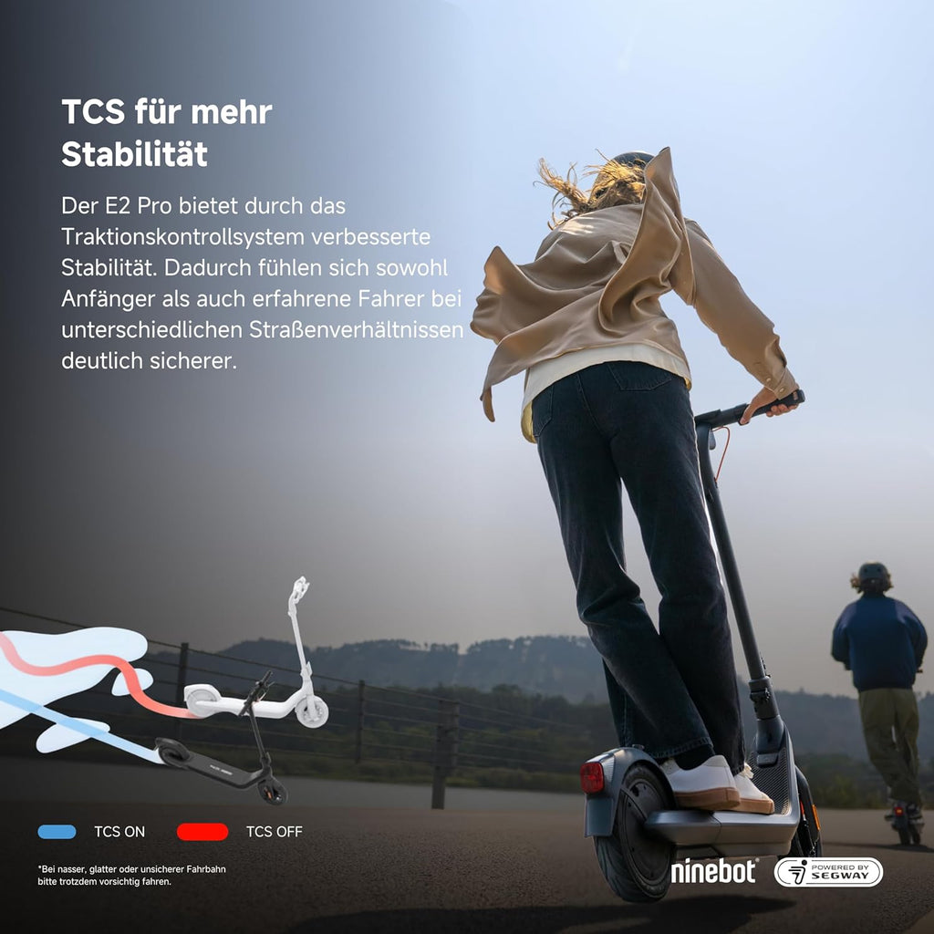 Segway-Ninebot E2 Pro D E-Scooter, 20 km/h, bis zu 35 km Reichweite, 275 Wh Akku, 10 Zoll schlauchlose Luftreifen, TCS, Dual-Bremssystem, LED-Display, faltbar, Schwarz