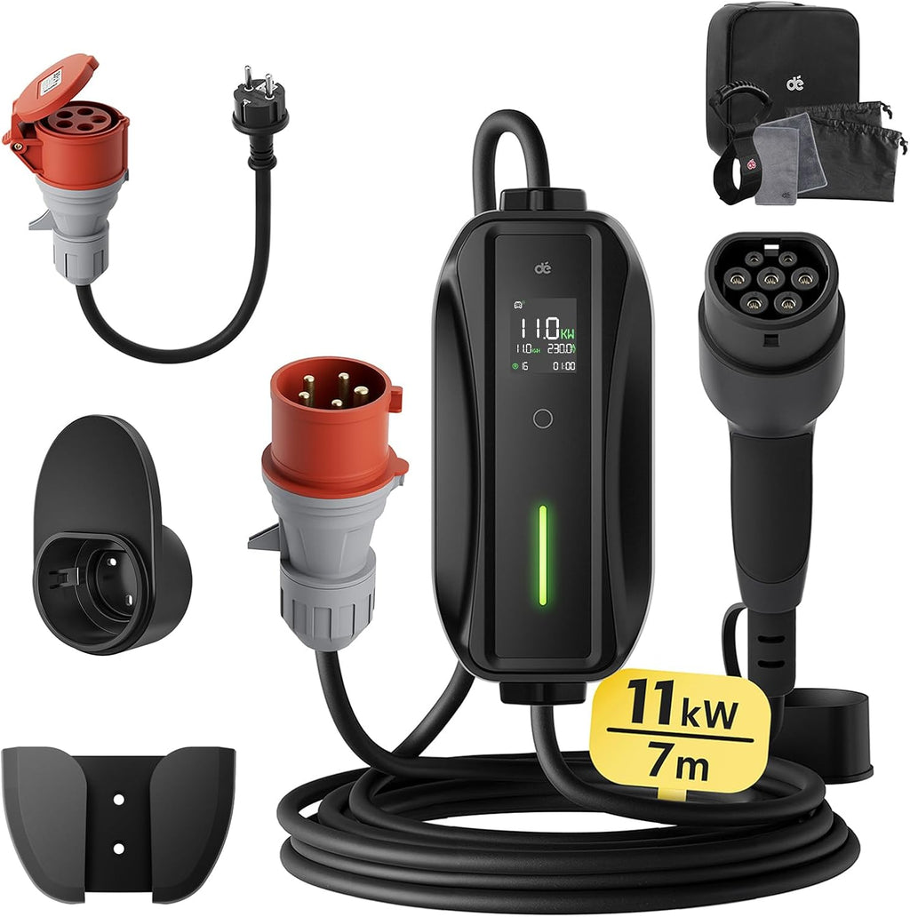 dé Mobile Wallbox 11 kW [3-Phase, 7 m, 6-16 A] with Adjustable Charging Power | Charging cable for car CEE 16A 400V to type 2 charging cable, RCD type A 30mA AC + 6mA DC, IP66, EV charger for BEV/PHEV