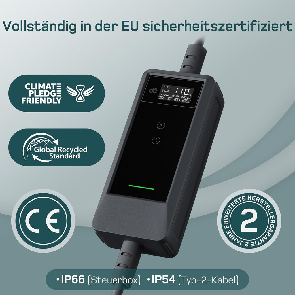 dé Mobile Wallbox 11 kW with App [7 m | 3-Phase | 6-16 A] | Charging cable e car CEE-16A 400V to type 2 with adjustable charging power, EV charger for BEV/PHEV