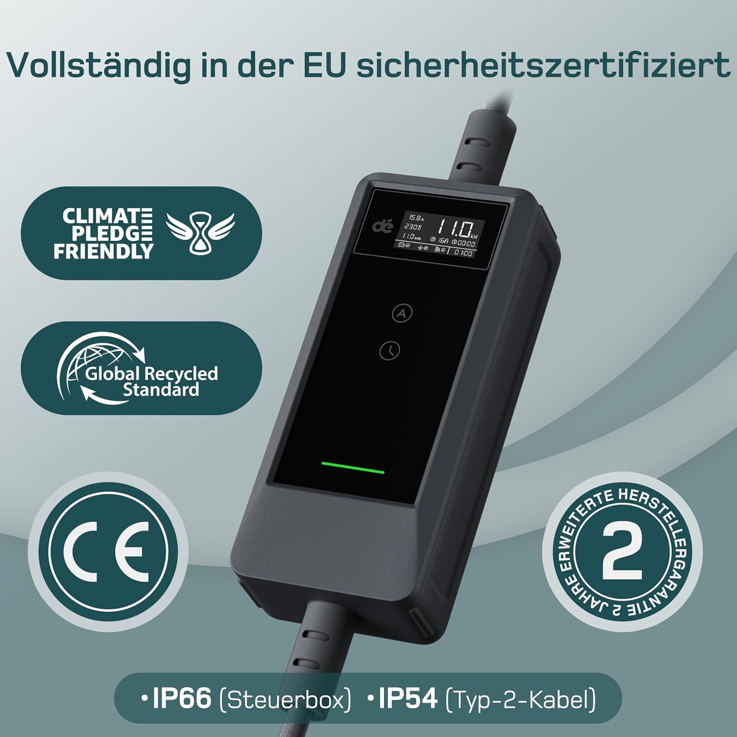 dé Mobile Wallbox 11 kW with App [7 m | 3-Phase | 6-16 A] | Charging cable e car CEE-16A 400V to type 2 with adjustable charging power, EV charger for BEV/PHEV