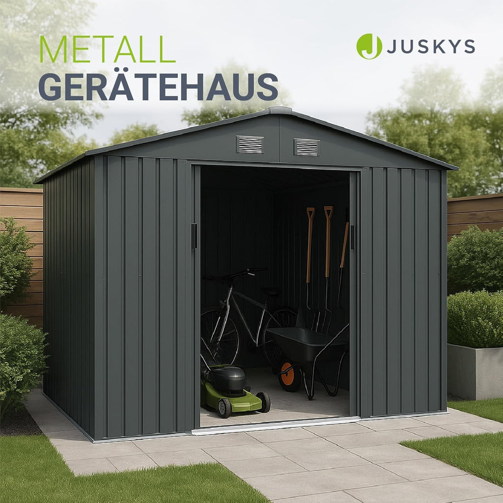 Juskys Geräteschuppen Metall XL – Gartenhaus & Gerätehaus mit Schiebetür, Fundamentrahmen & Schloss, wetterfester Gartenschrank zur Aufbewahrung – Dunkelgrau