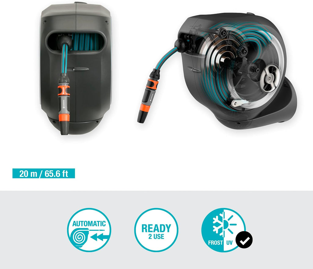 Gardena Wand-Schlauchbox RollUp M 20 m: Flexible Bewässerung für mittelgroße Gärten, schwenkbare Schlauchtrommel, mit Wandhalterung, Systemteilen und Spritze inkl. 20 m Gardena Schlauch (18612-60)
