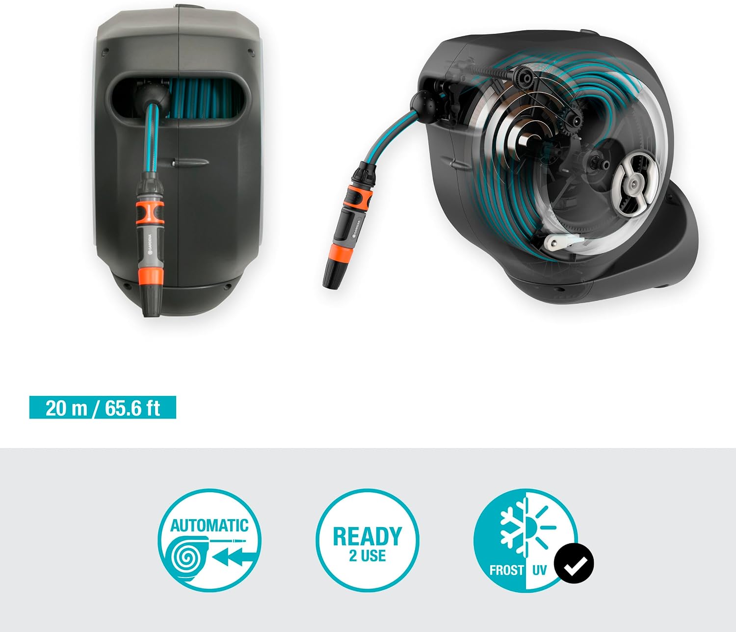 Gardena Wand-Schlauchbox RollUp M 20 m: Flexible Bewässerung für mittelgroße Gärten, schwenkbare Schlauchtrommel, mit Wandhalterung, Systemteilen und Spritze inkl. 20 m Gardena Schlauch (18612-60)