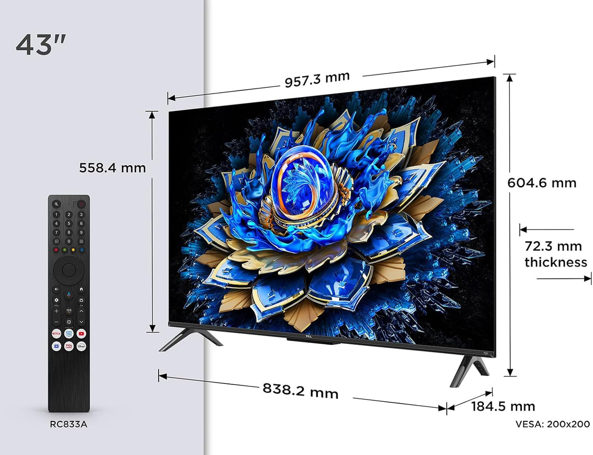 TCL 43T69C 43 Zoll QLED, Direct LED TV, 4K HDR TV, Smart Google TV (Dolby Vision & Atmos, Game Master, Motion Clarity, Kompatibel mit Google Assistant & Alexa)