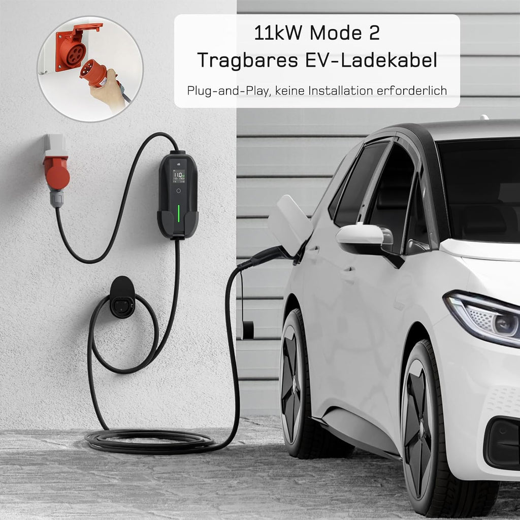 dé Mobile Wallbox 11 kW [3-Phase, 7 m, 6-16 A] with Adjustable Charging Power | Charging cable for car CEE 16A 400V to type 2 charging cable, RCD type A 30mA AC + 6mA DC, IP66, EV charger for BEV/PHEV