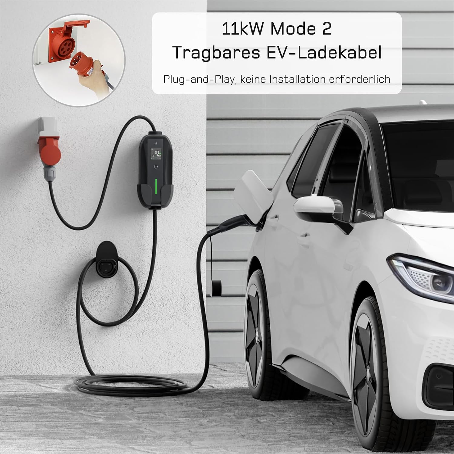 dé Mobile Wallbox 11 kW [3-Phase, 7 m, 6-16 A] with Adjustable Charging Power | Charging cable for car CEE 16A 400V to type 2 charging cable, RCD type A 30mA AC + 6mA DC, IP66, EV charger for BEV/PHEV