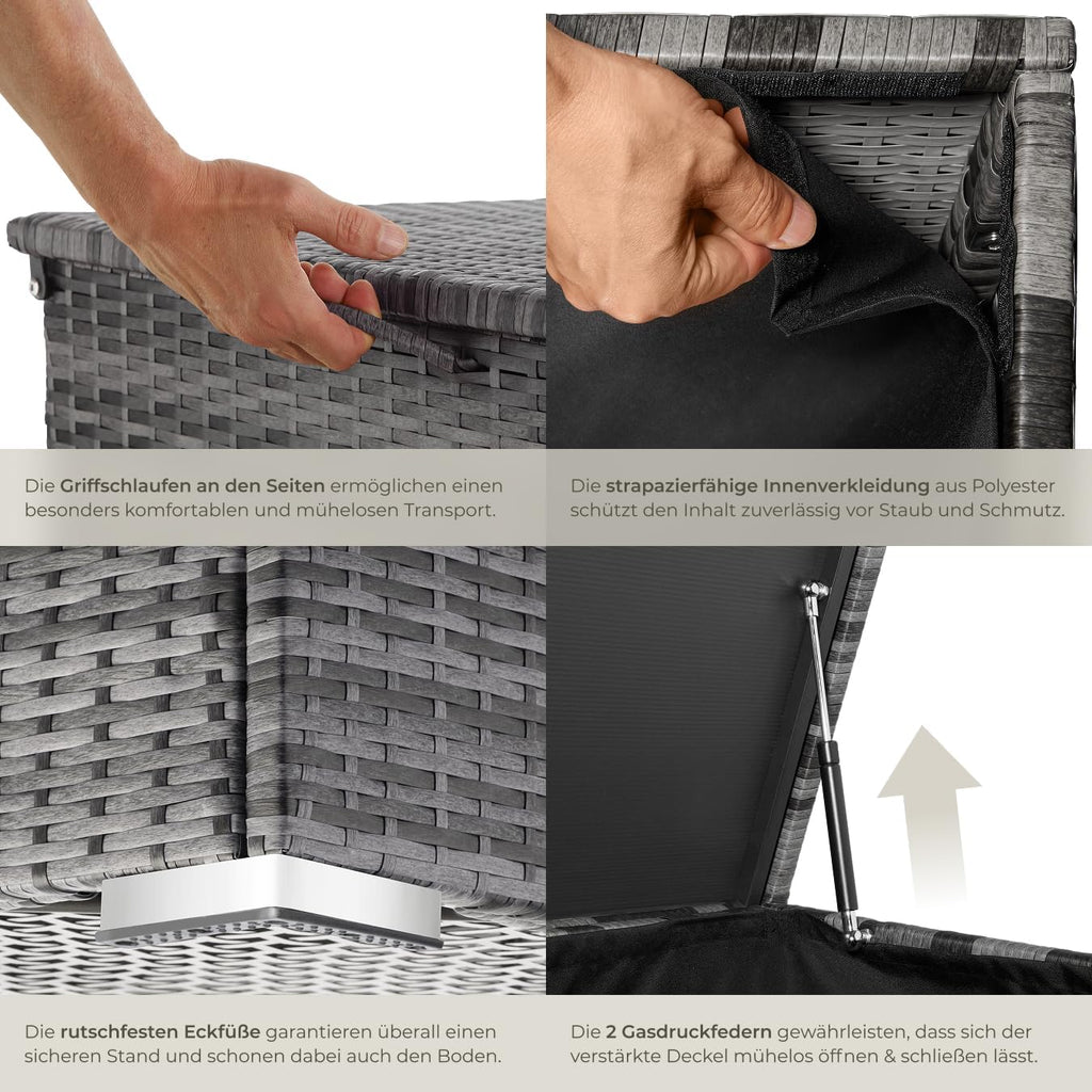 tectake® Aluminium Polyrattan Aufbewahrungsbox mit Deckel, 750L, Gartenkiste wetterfest, Gartenbox mit Gasdruckfedern, Garten Auflagenbox, UV-beständig, rostfrei, Stauraum, 145x82,5x79,5 cm - grau
