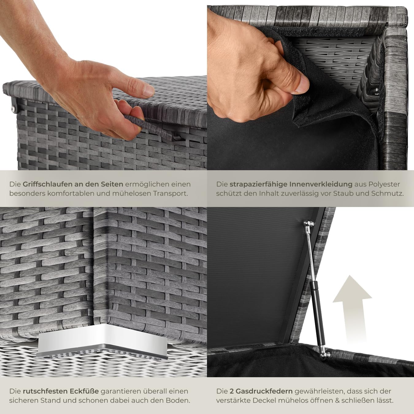 tectake® Aluminium Polyrattan Aufbewahrungsbox mit Deckel, 750L, Gartenkiste wetterfest, Gartenbox mit Gasdruckfedern, Garten Auflagenbox, UV-beständig, rostfrei, Stauraum, 145x82,5x79,5 cm - grau
