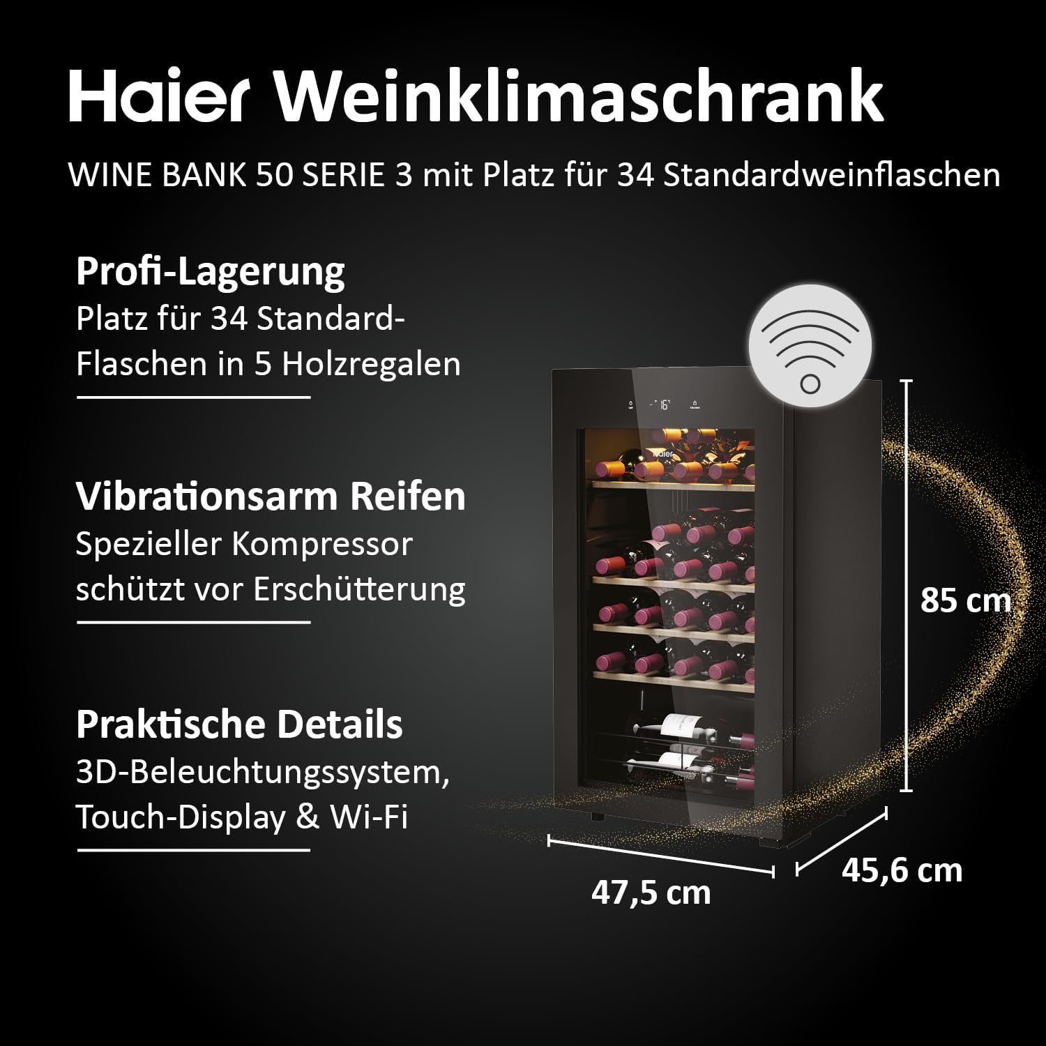 Haier HWS34GGH1 Series 3 Wine Fridge | For 34 bottles, modern wine fridge with UV glass door and 5 wooden shelves, wine cooler with Wi-Fi and touch display